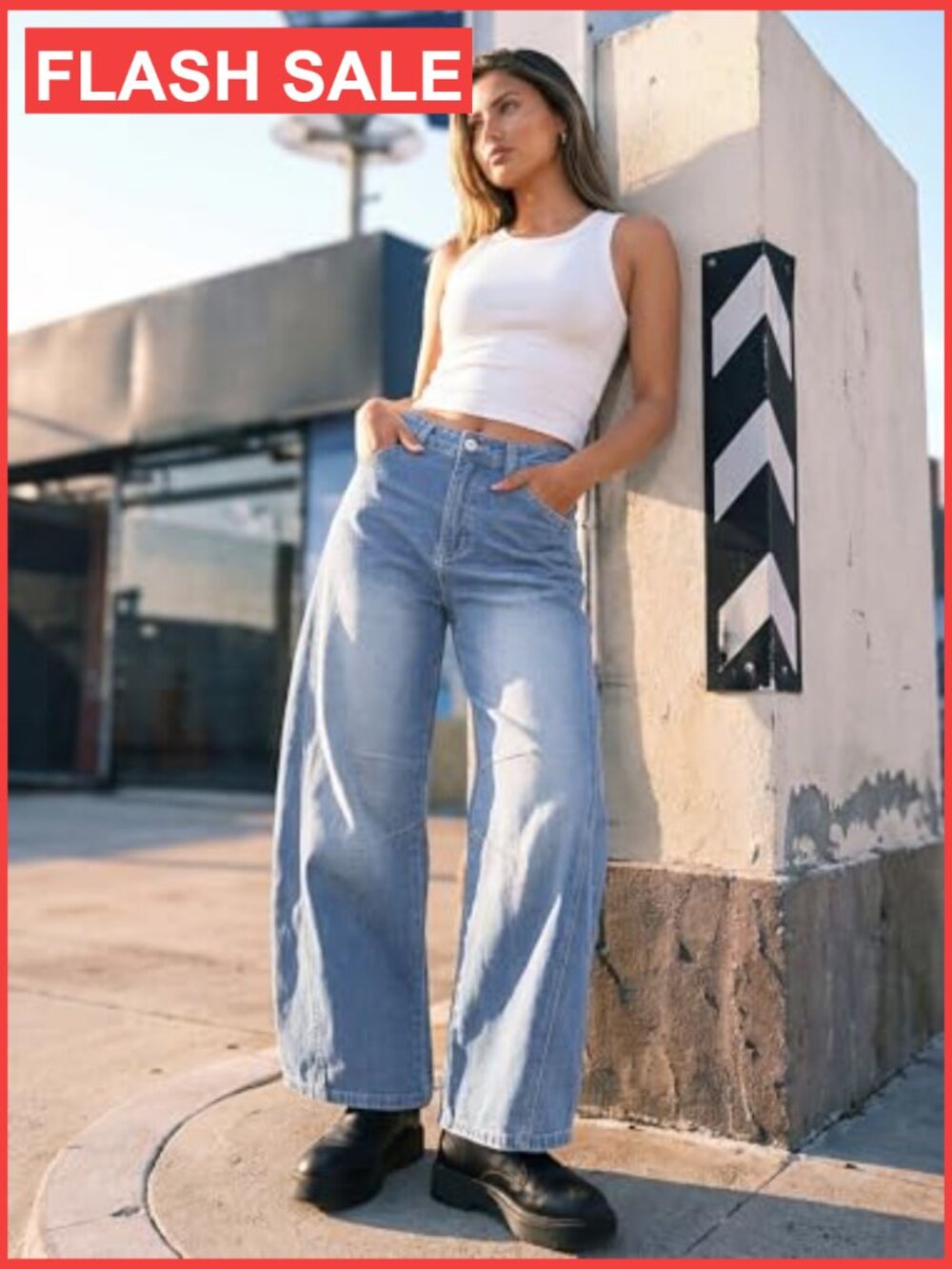 High Rise Wide Leg Barrel Jeans with Curved Hem, Slant Pockets, Stretch Denim - Picture 2 of 6
